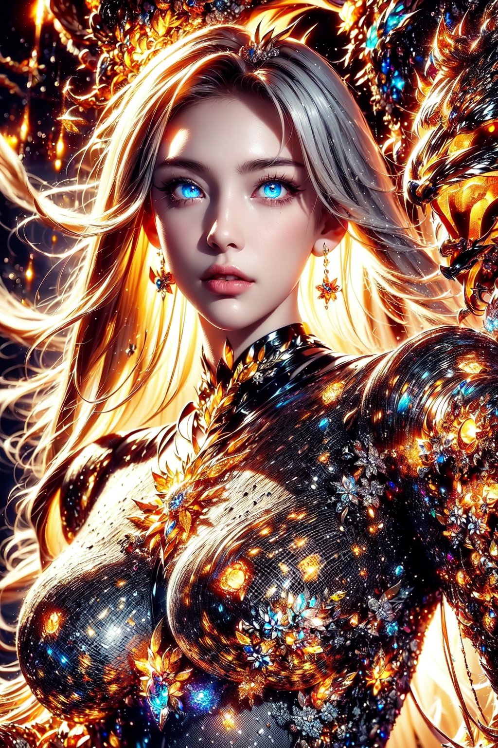 (Sailor Moon|,goddess,|dragon woman),(blond),(blue eyes),(glowing eyes),Alien planet,(Black and white entanglement),(silver and crystal entanglement),High Detail,masterpiece,best quality,more detail,Hyper Quality,detailed,more detail
