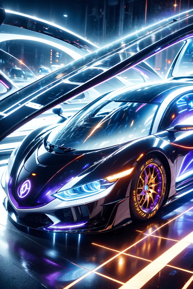 The magic pattern on the high-tech car extend outwards to form a (magic_circle),(racing car,lighting pattern),(Complex luminous car structure design),(purple plasma electromagnetic shield),crystal and silver entanglement,blacke background