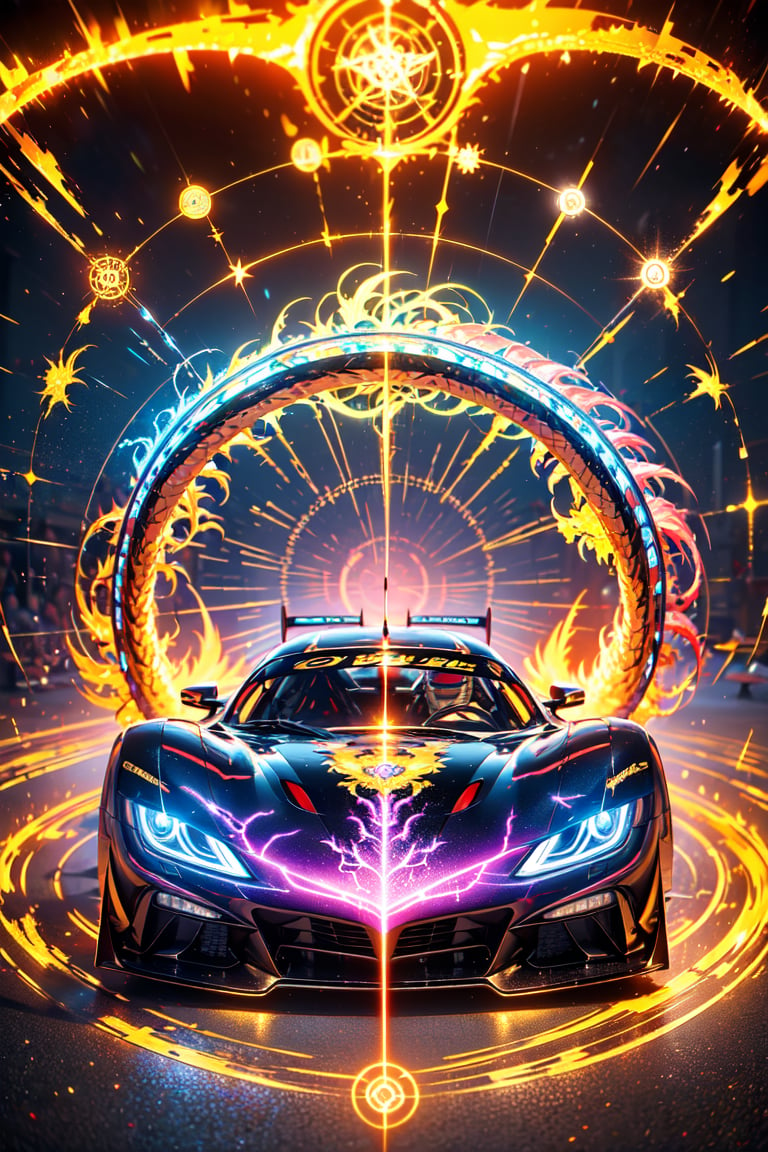 The magic pattern on the high-tech car extend outwards to form a (magic_circle),(racing car,dragon pattern),(Complex luminous car structure design:1.2),(pink plasma electromagnetic shield),crystal and silver entanglement,(on colud road),spit big dragon light