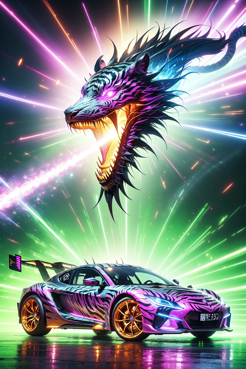 The magic pattern on the high-tech car extend outwards to form a (magic_circle),(racing car,tiger pattern),(Complex luminous car structure design),(pink plasma electromagnetic shield),crystal and silver entanglement,(on colud road),spit big dragon light,(tiger background),openmouth