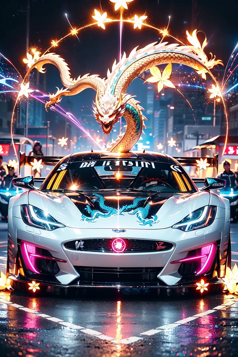 The magic pattern on the high-tech car extend outwards to form a (magic_circle),(racing car,dragon pattern),(Complex luminous car structure design),(pink plasma electromagnetic shield),crystal and silver entanglement,(on colud road),spit big dragon light,(dragon background),body pattern 