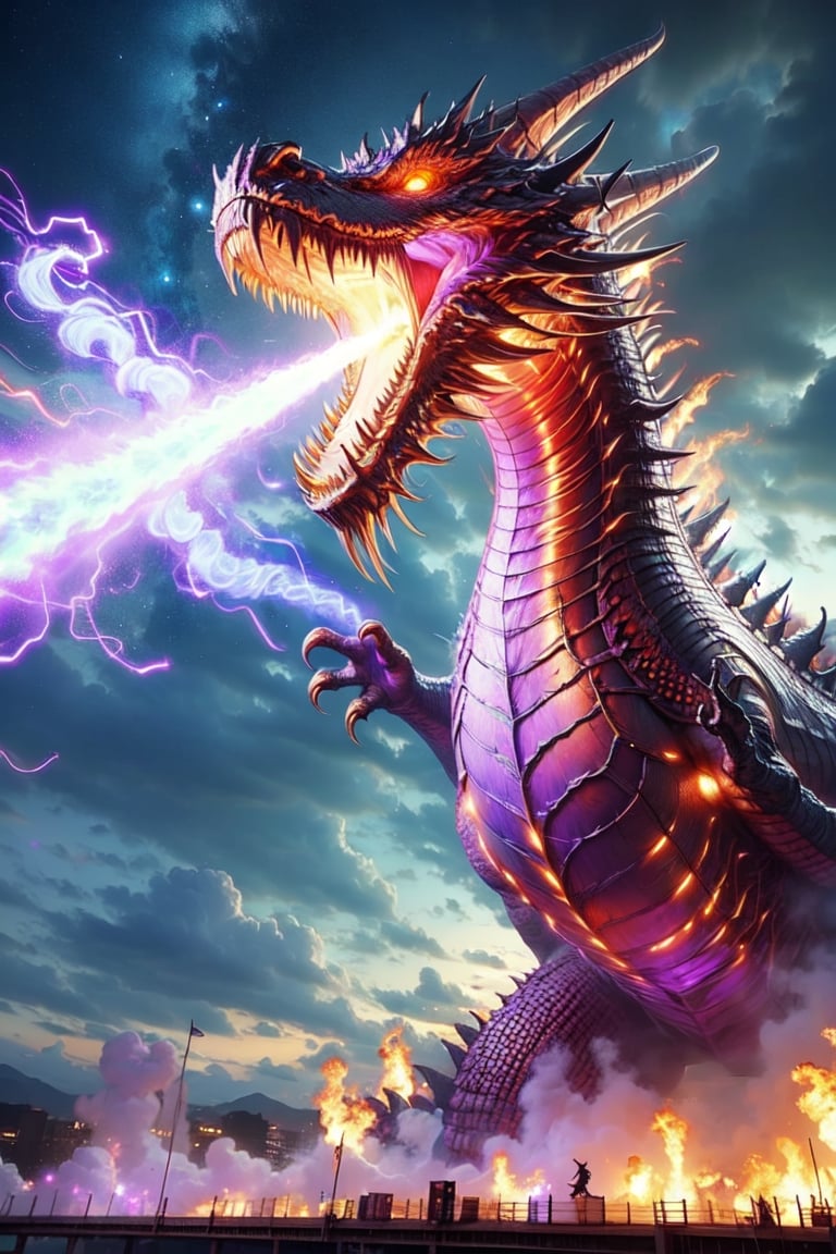 Godzilla,open_mouth,spit a spiral purple light