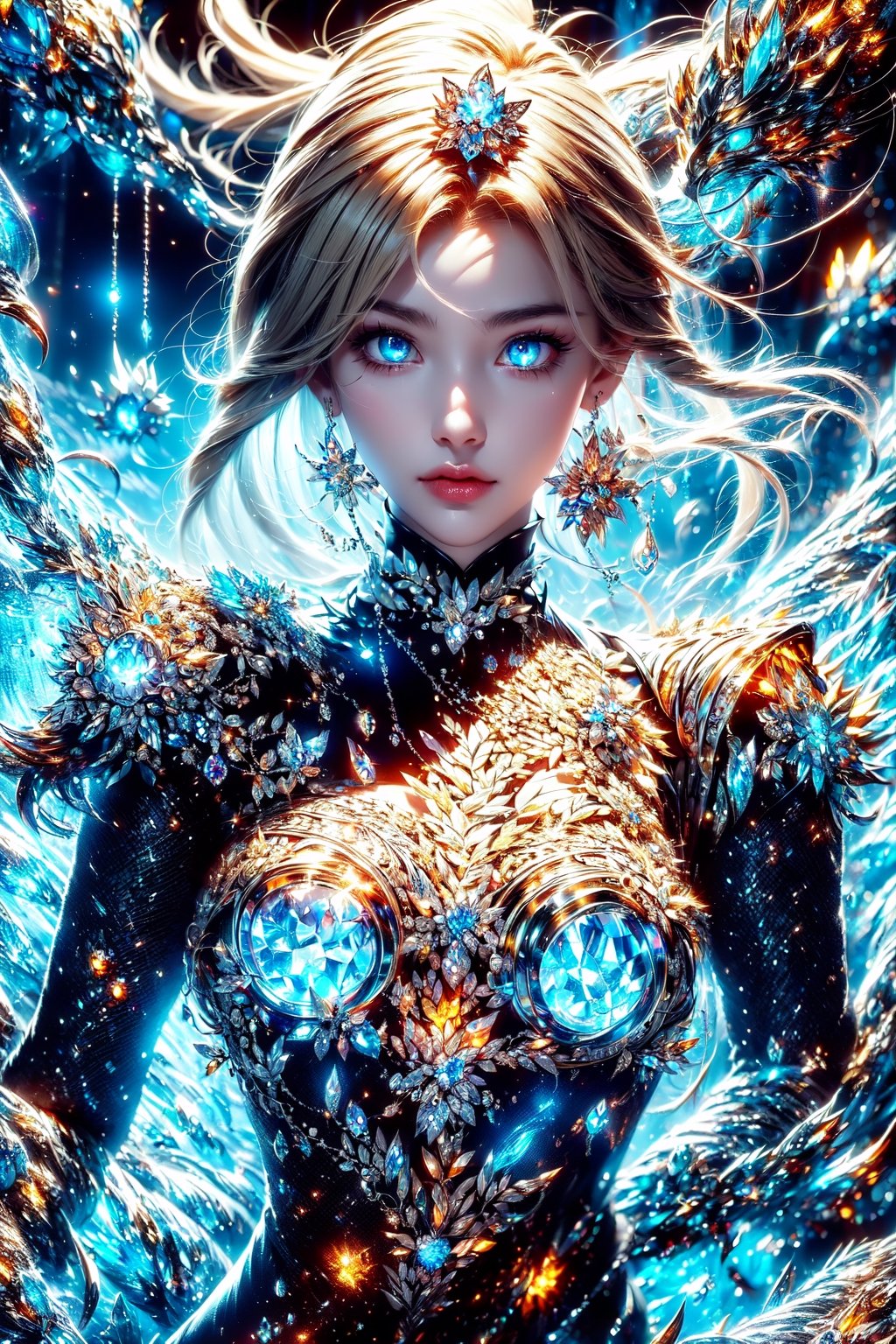 (Sailor Moon|,goddess,|dragon woman),(blond),(blue eyes),(glowing eyes),Alien planet,(Black and white entanglement),(silver and crystal entanglement),High Detail,masterpiece,best quality,more detail,Hyper Quality,detailed,more detail
