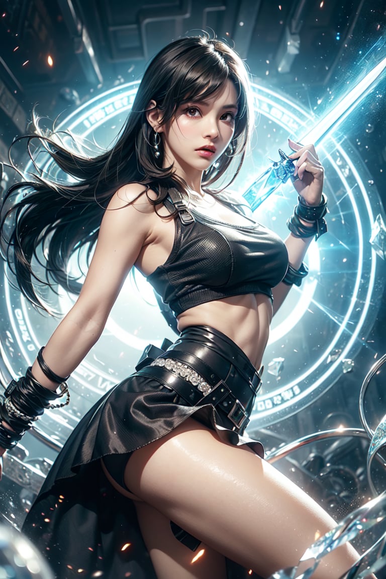 (tifa,G-string),(sword wheel),(crystal magic_circle),Black and white entanglement,crystal and silver entanglement,