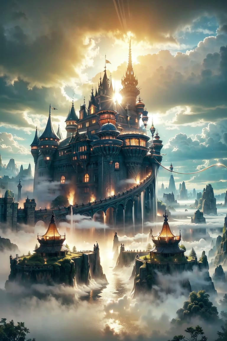 (floating castle, giant ), White mist entangled , spit a big light, street,(dense mist:1.7), black and blue entanglement, crystal and silver entanglement,