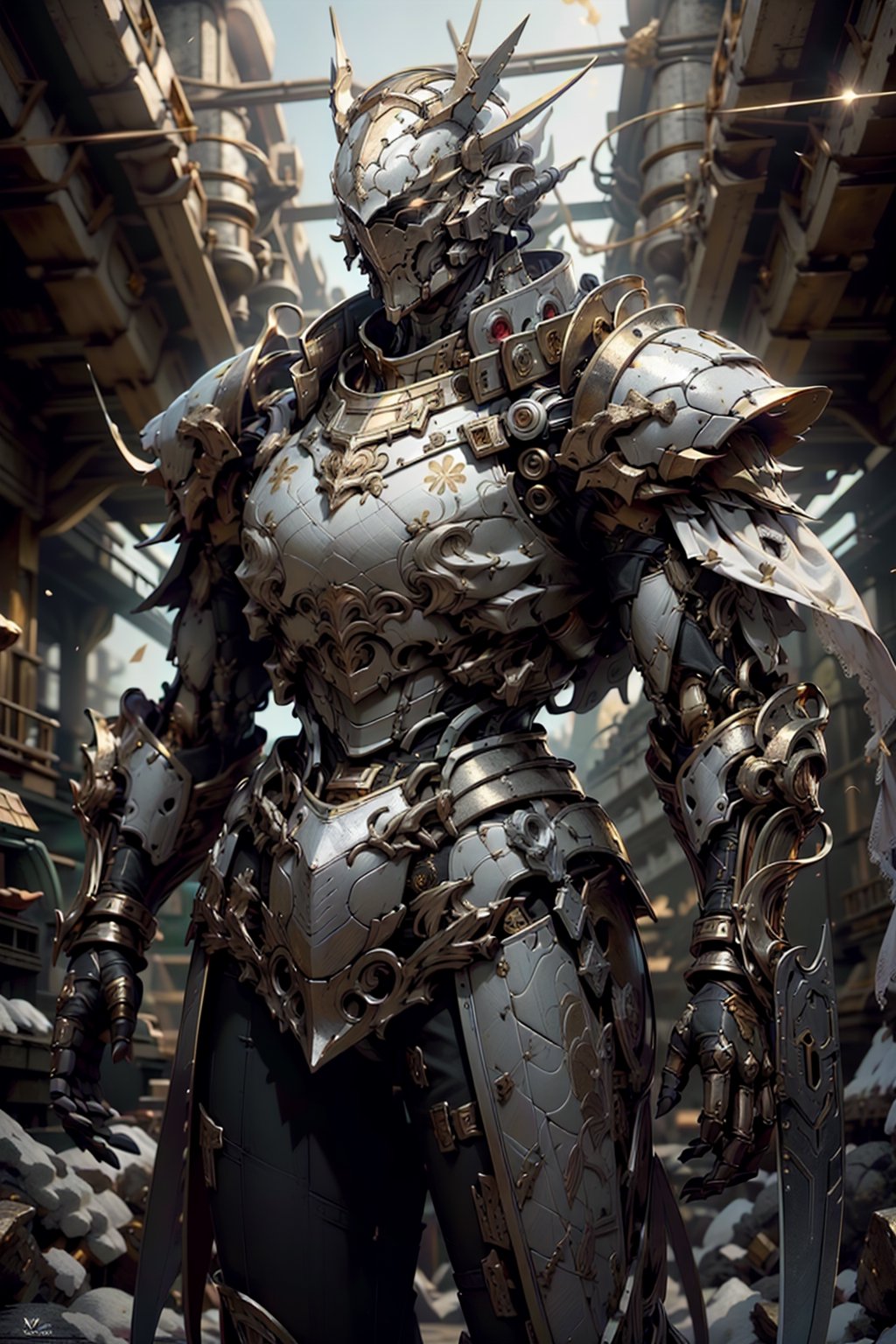 (white palace background), gundam, solo, robot eyes, (robot face), robot, glowing, robot, mecha, (gold and white mecha mask), science_fiction, cinematic lighting, strong contrast, high level of detail, best quality, masterpiece, ruins background, mechainjectionKA, warframe style, ambient light, volumetric lighting, reflective lighting, sharp focus, (knight style form:1.2), (gold and white color:2), (knight pattern armor), (holding giant sword in its right hand:1.2), battle pose, medieval armor