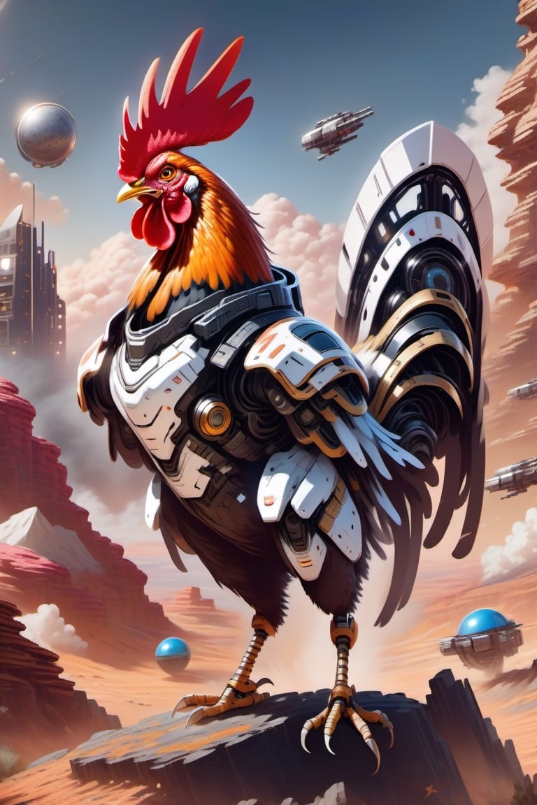 "Illustrate a charming scene of a cute Rooster standing on a mars mountain with two feet. Also it holds a big high-tech and detail-oriented laser rifle in its hands. Its arms, legs, and body are covered with mechanical structure parts. With a jetpack on its back. Capture the Rooster's adorable surprise and shock as it looks directly at the viewer. Creating a playful and entertaining visual narrative. nousr robot masterpiece, best quality, fantasy painting of beautiful cyborg Rooster, warframe style, black gold, white-silver, ultra-detailed, ambient light, volumetric lighting, reflection of light, reflective lighting, sharp focus, battle pose, face and head focus, mecha, robot, exquisite firearms."