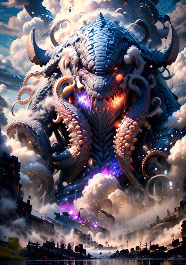 Hyperrealistic art, (a mixed giant creature of octopus shark  whale), (gray color:1.75), outdoors, horns, claws, glowing red eyes, sky, teeth, day, (no_humans:1.3), scenery, smoke, mountain, 
cinematic lighting, strong contrast, high level of detail, best quality, masterpiece, extremely high-resolution details, photographic, realism pushed to extreme, fine texture, incredibly lifelike, long, cloud, winds, ((by Kekai Kotaki:1.5)), sketch, BJ_Sacred_beast