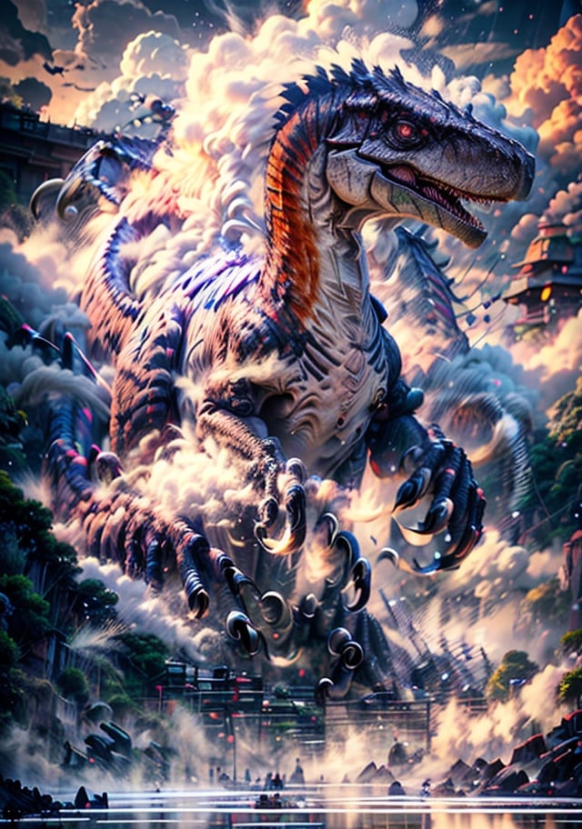 Hyperrealistic art, a huge Velociraptor, (open huge mouth), perfect_claws, Jurassic_style, outdoors, solo, (no_humans:1.5), glowing red eyes, sky, day, jungle_scenery, smoke, cinematic lighting, strong contrast, high level of detail, best quality, masterpiece, extremely high-resolution details, photographic, realism pushed to extreme, fine texture, incredibly lifelike, cloud, winds, ((by Kekai Kotaki:1.5)), sketch, BJ_Sacred_beast, Velociraptor_Dino