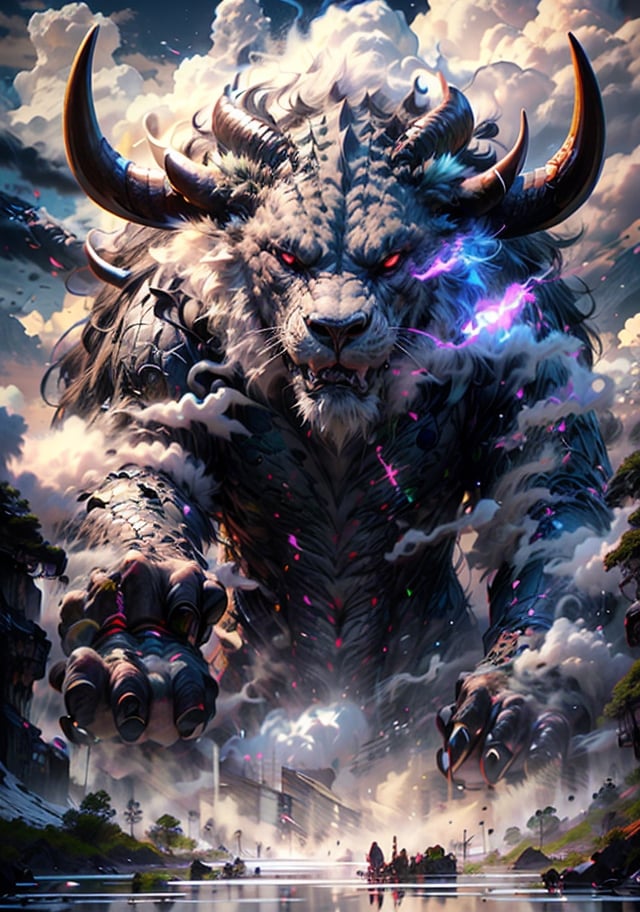Hyperrealistic art, (a mixed creature of ox lion crocodile), (black color:1.75), outdoors, horns, claws, glowing red eyes, sky, teeth, day, (no_humans:1.3), scenery, smoke, mountain, 
cinematic lighting, strong contrast, high level of detail, best quality, masterpiece, extremely high-resolution details, photographic, realism pushed to extreme, fine texture, incredibly lifelike, long, cloud, ((by Kekai Kotaki:1.5)), sketch, BJ_Sacred_beast