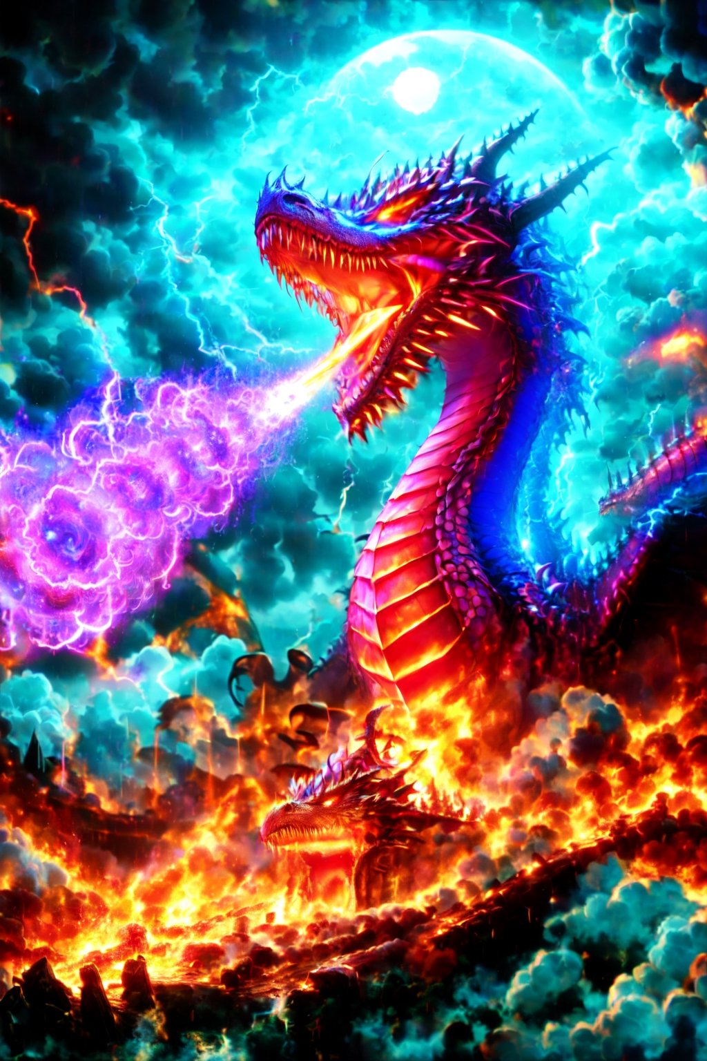 (Godzilla spit big light) ,((blue light)), openmouth,(lightning dragon), Spiral lightning,shine, Bubbles, moonlight, clouds, fog, Sanskrit, lightning ball, fire ring, magic circle,holy light, openmouth, ,masterpiece,dragon