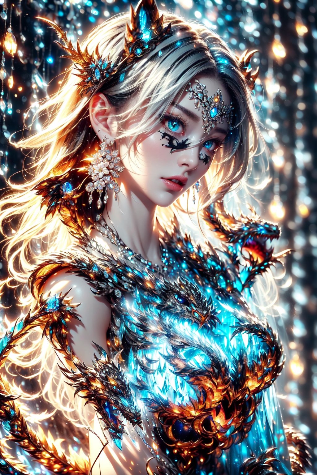 (dragon head:1.2),(black and white entanglement),(crystal and silver entanglement),Masterpiece, beautiful details, perfect focus, uniform 8K wallpaper, high resolution, exquisite texture in every detail, ((background Blur: 2)),  accessories like leaf-shaped earrings and flower crowns.  break pastel,perfect light
,glowing eye,cat,