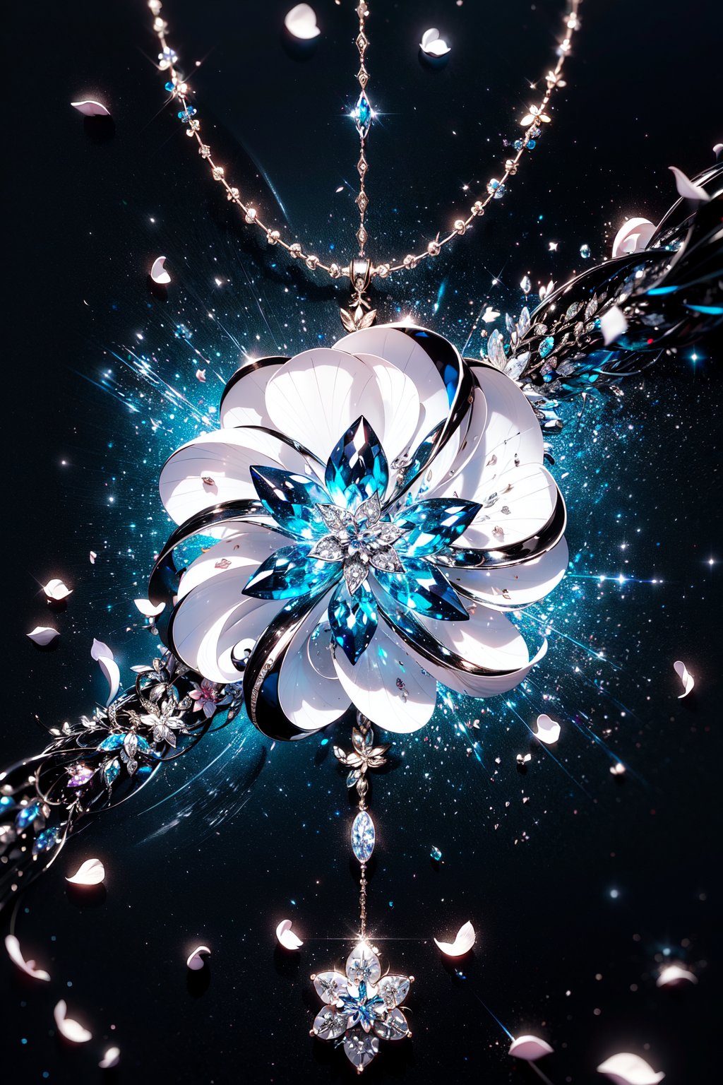  (magic amulet),(complex petal structure:1.5),space background,Black and white entanglement, crystal and silver entanglement