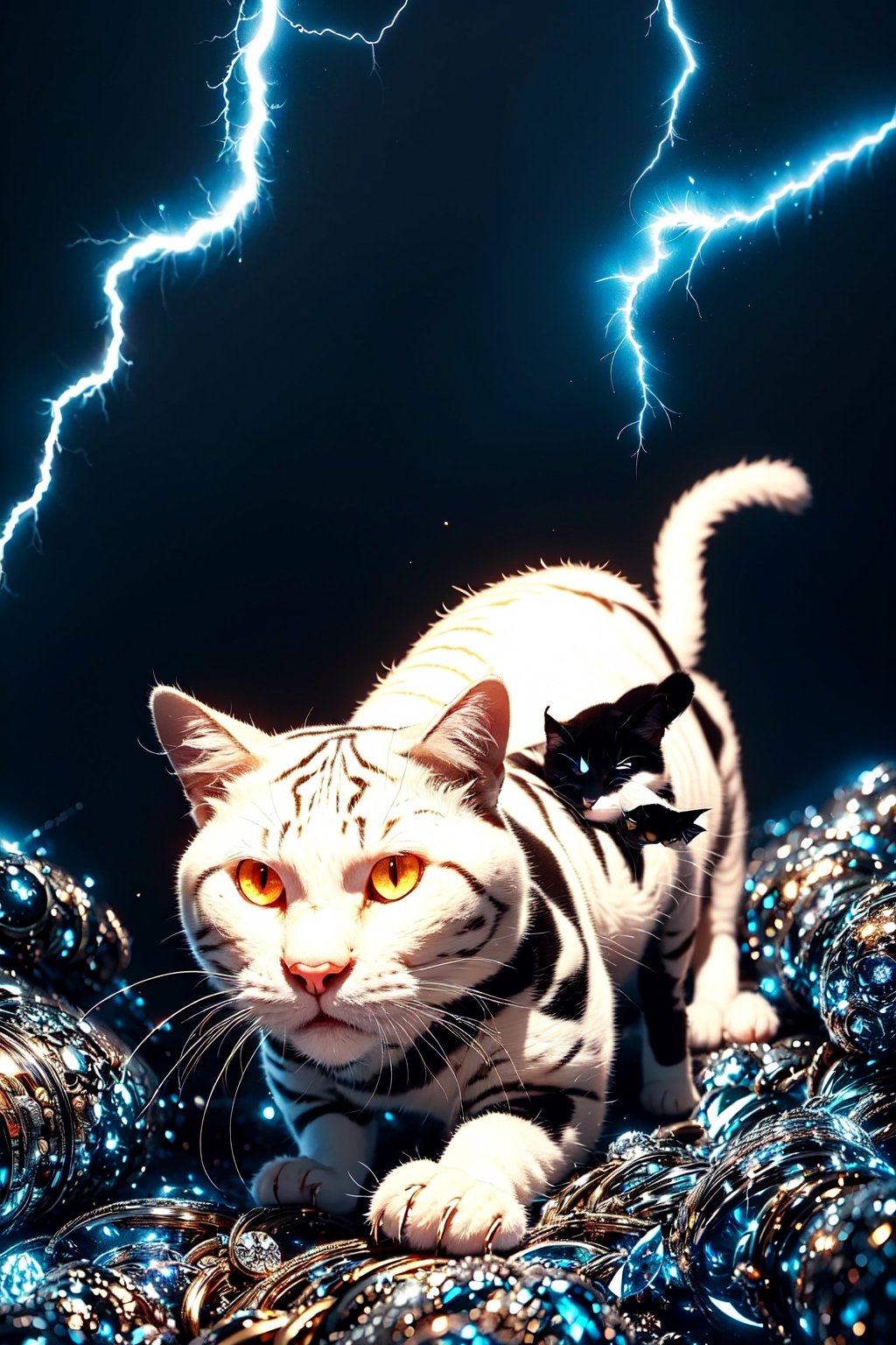 (lightning cat),(post apocalyptic),Black and white entanglement, crystal and silver entanglement