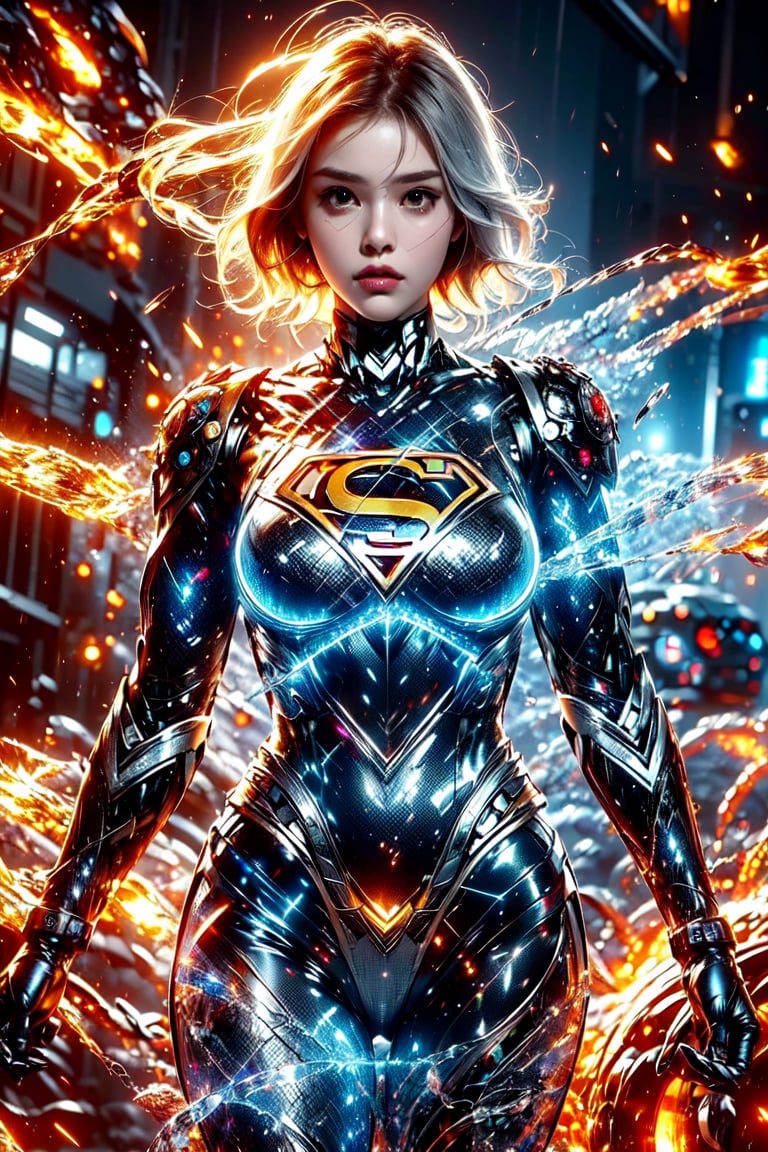 (supergirl,mecha),(post apocalyptic),Black and white entanglement, crystal and silver entanglement