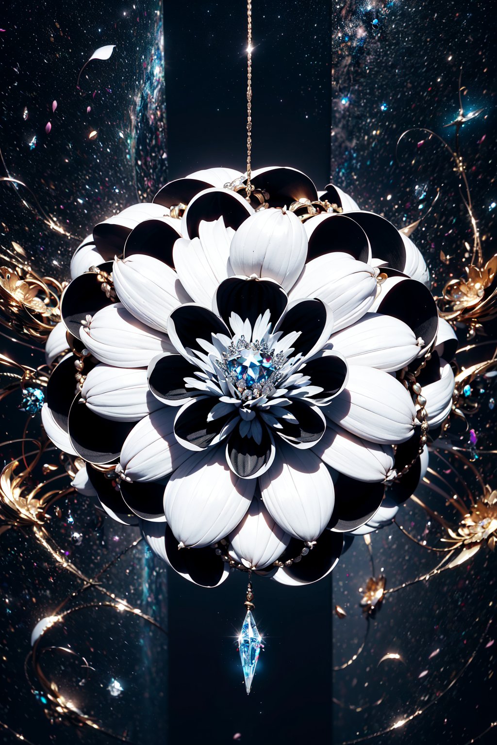  (magic amulet),(complex petal structure:1.5),space background,Black and white entanglement, crystal and silver entanglement