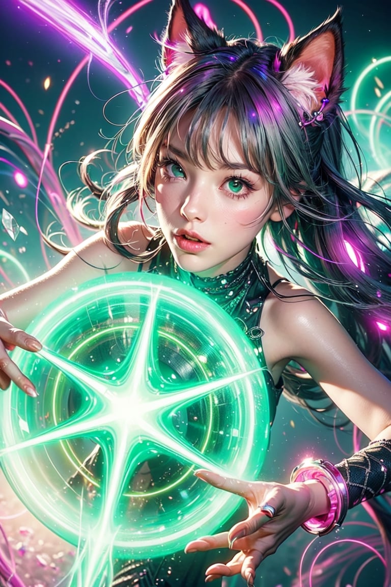 catgirl trapped in magic_circle,pink and green entanglement,crystal and silver entanglement