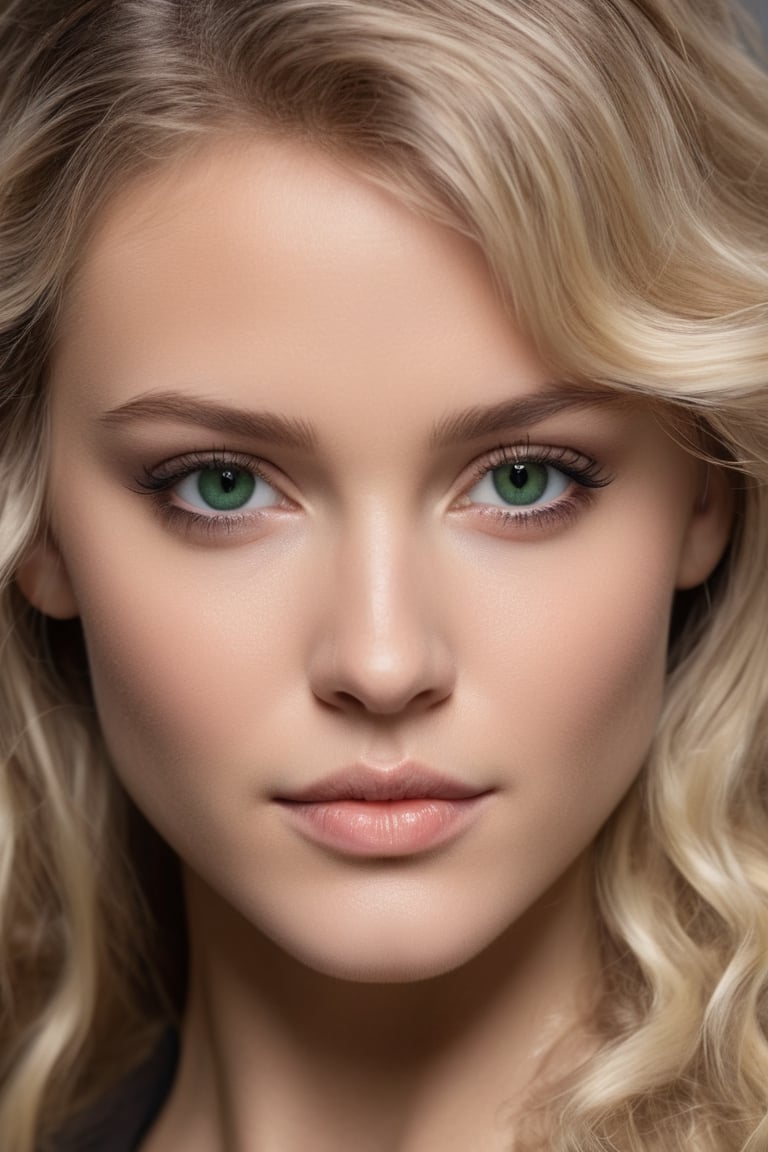 Only 1 woman, solo, close up, (astonishing blonde wavy hair), (mesmerizing dark green eyes, clearly defined dark brown limbal rings, soft brown iris crypt, royal purple iris crypt, dark blue iris crypts. Softly detailed Iris Furrows, diffuse intricate tapetum lucidum), sharpen and bake skin texture, Unimaginably detailed, uniquely textured, soft small noise overlay, stark white skin intermixed with shades of coral, individual eyelashes defined by brown to black in long wispy like separating, catch light reflects bright, color relevance, LUT_Analog, color locked, natural light reflects of skin detail, natural depth shading of skin, low to bright tones to hair color, enhance and increase contrast at the areas where colors meet