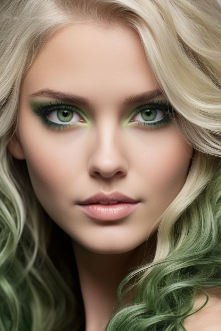 Only 1 woman, solo, close up, (astonishing blonde wavy hair), (mesmerizing shades of green eyes, clearly defined dark brown limbal rings, layers of dark green furrows multiply layers of light green furrows overlay layers of royal purple furrows, soft brown iris crypt, royal purple iris crypt, dark blue iris crypts. Softly detailed Iris Furrows, intricate tapetum lucidum), Unimaginably detailed, uniquely textured, stark white skin intermixed with shades of coral, individual eyelashes defined by brown to black in long wispy like separating, catch light reflects bright indistinguishable texture of eyes, color relevance, LUT_Analog, color locked, natural light reflects of skin detail, natural depth shading of skin, low to bright tones to hair color, enhance and increase contrast at the areas where colors meet