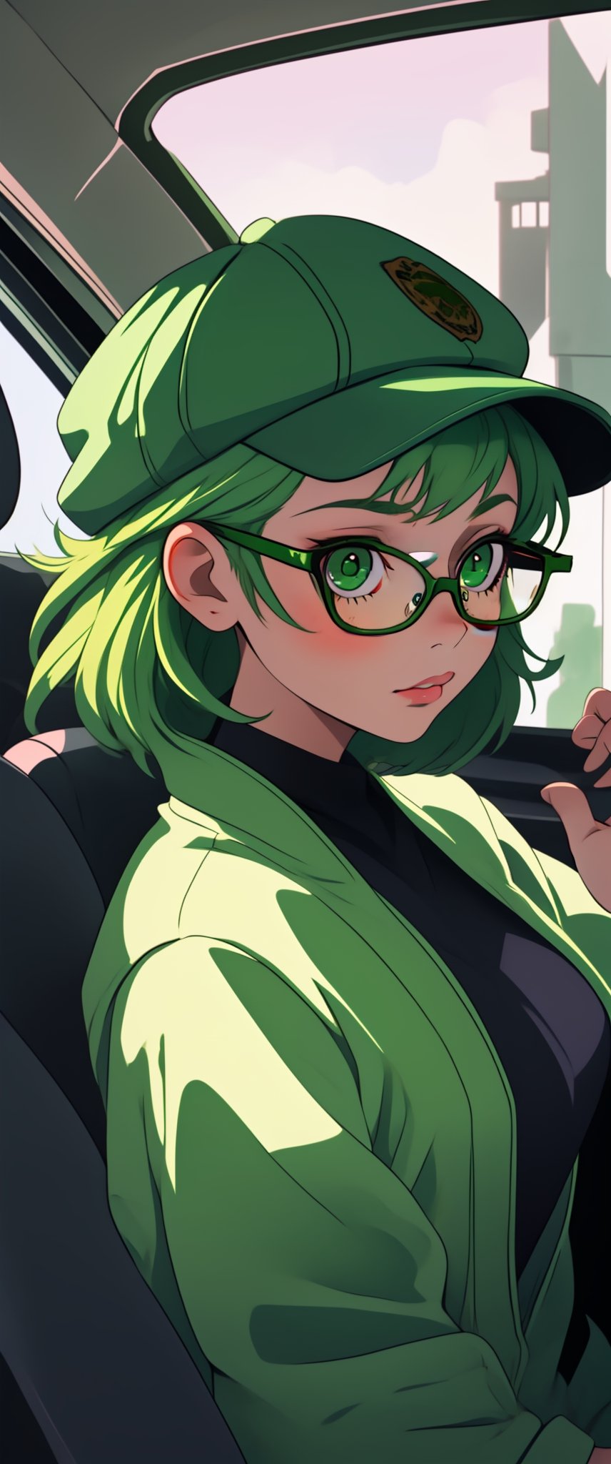 Beautiful little girl wearing a cap sitting in the back of the car looking at you , bespectacled,Wear a green mask,Wear green glasses,green hair,sexuality