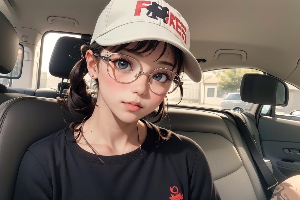 Handsome,Warm,Beautiful little girl wearing a cap sitting in the back of the car looking at you ,bespectacled