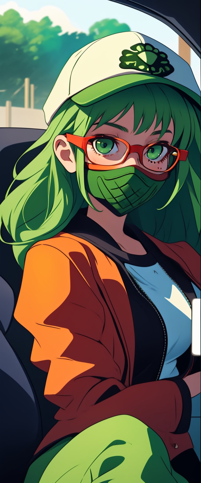 Beautiful little girl wearing a cap sitting in the back of the car looking at you , bespectacled,Wear a green mask,Wear green glasses,green hair,sexuality