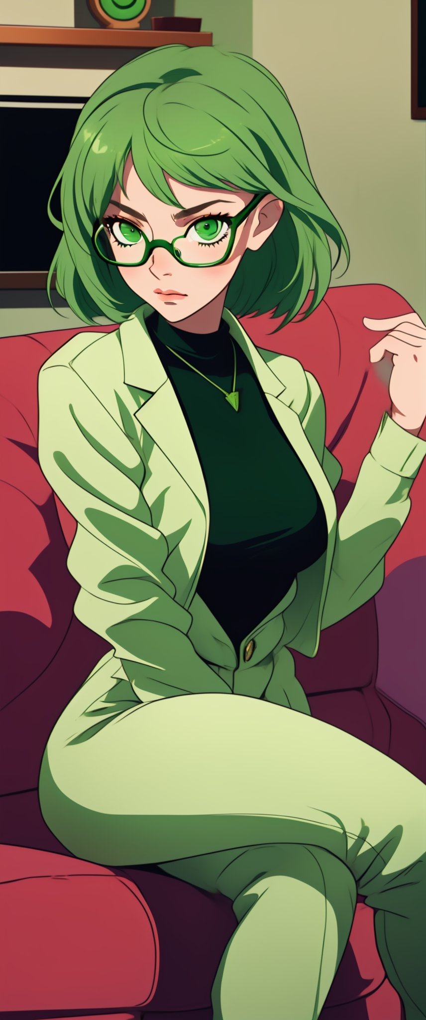 The Pretty Girl sat quietly on the sofa in the living room with her glasses on, bespectacled,Wear a green mask,Wear green glasses,green hair,sexuality