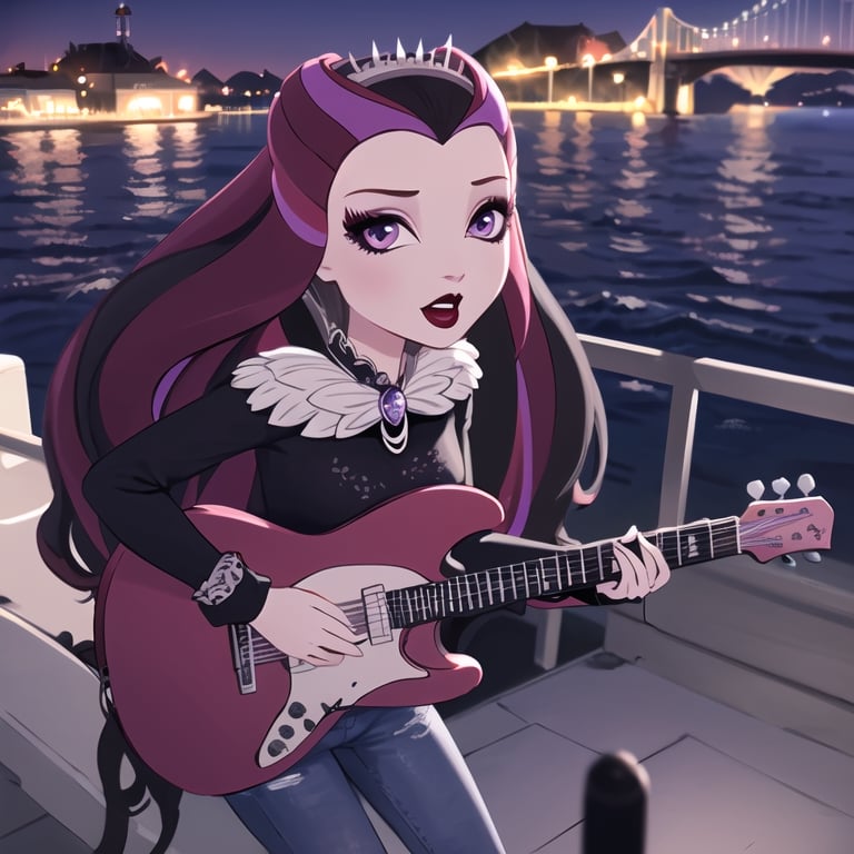 Raven_Queen_EAH, long sleeve, black demin jeans, solo, singing, electric rock guitar, ((hands on black thrash metal rock guitar)), looking at viewer, singing at viewer, pacific coast, dark, night, ((singing on harbor in front of the background)), ((beautiful singing voice))