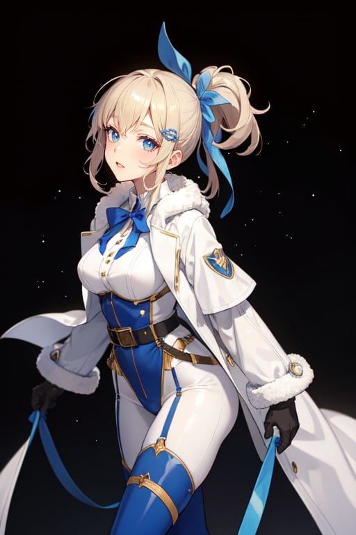 masterpiece, best quality, solo,1girl,walking,ribbon hair ornament, big blue ribbon on hair,  white coat, belt, black bodysuit, fur trim, gloves, blue boot,looking_at_viewer,  smile, leaning forward, close-up , from_side,portrait,stars_(sky) 