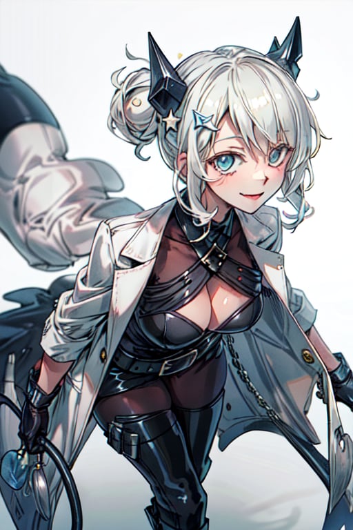 masterpiece, best quality, solo,1girl,walking, hair ornament, white coat, belt, black bodysuit, fur trim, gloves, blue boot,looking_at_viewer, lolita, smile, leaning forward, close-up , from_side,portrait,stars_(sky) 