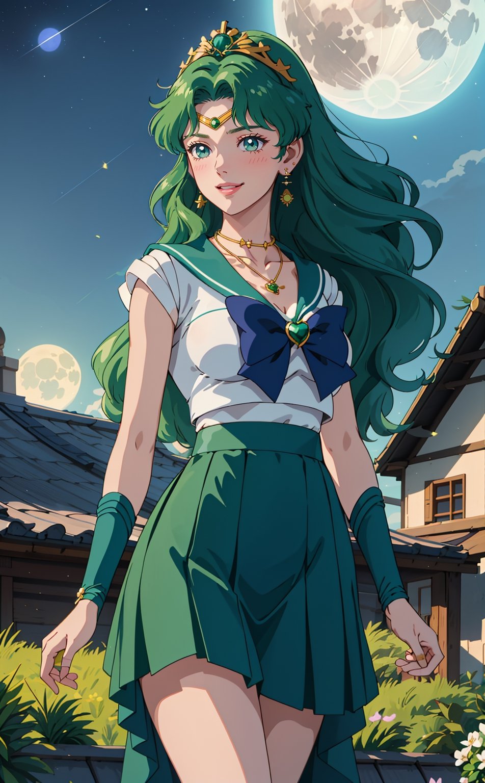 realistic, 1girl, green long hair, green eyes, glowing eyes, smile, blue skirt, large breast, panthyhose, parted lips, blush, night, flowers, necklace, earring, panthyhose, walking in the rooftop, full moon, sunlight,More Detail,Enhance, Sailor Neptune wear, tiara, sailor senshi uniform,sailor neptune