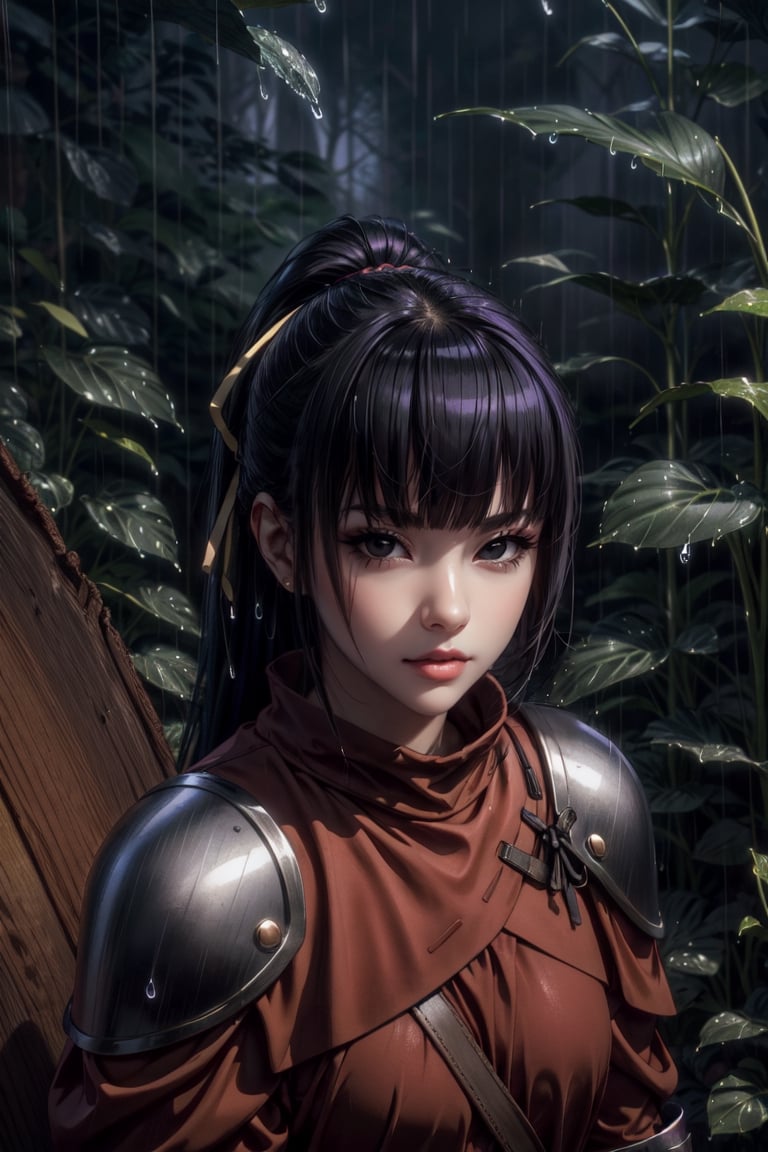 masterpiece, best quality, highres, 1girl, 30 aged, long ponytail black hair, black_eyes, purple armor, cry, ((rain)), expressive face, standing, night, forest, 1 girl, fantasy, looking_at_viewer,milfication,midjourney,narberal gamma,Detailedface