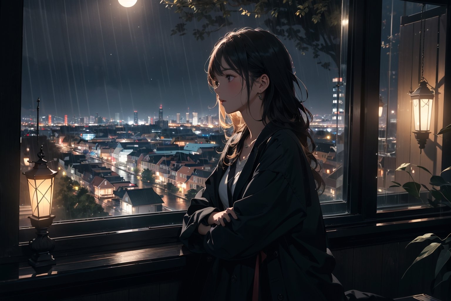 (best quality, masterpiece,64K),(natural lighting), extremely detailed CG,(no humans:1.5),Rainy night streets, view out the window from the room on the second floor, moonlight, city view, a girl waiting for someone, dark background, peaceful