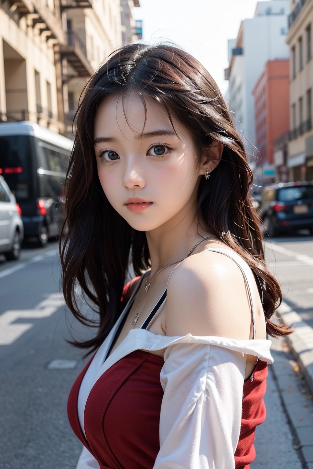 background is New York,street, 18 yo, 1 girl, beautiful korean girl, big eyes, wearing tight red dress(v-neck,simple,long sleeves),black long boots, smile, solo, {beautiful and detailed eyes}, dark eyes, big breasts, calm expression, delicate facial features, ((model pose)), Glamor body type, (dark hair:1.2), simple tiny earrings, simple tiny necklace,very_long_hair, hair past hip, bangs, curly hair, flim grain, realhands, masterpiece, Best Quality, 16k, photorealistic, ultra-detailed, finely detailed, high resolution, perfect dynamic composition, beautiful detailed eyes, eye smile, ((nervous and embarrassed)), sharp-focus, full_body, cowboy_shot,