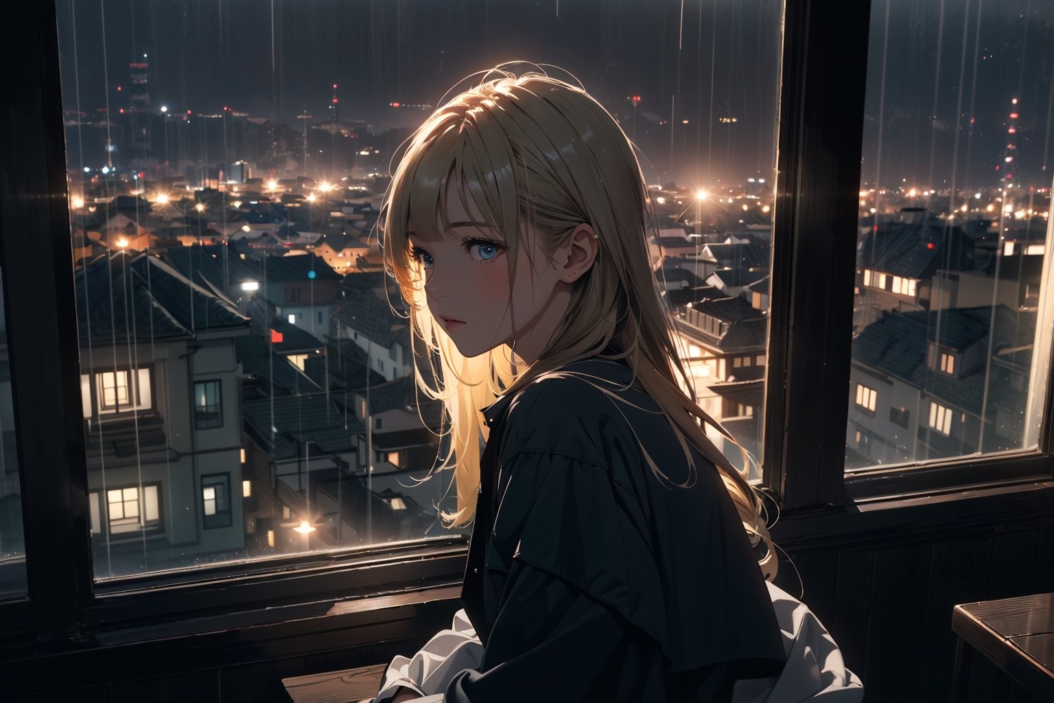 (best quality, masterpiece,64K),(natural lighting), extremely detailed CG,(no humans:1.5),Rainy night streets, view out the window from the room on the second floor, moonlight, city view, a girl waiting for someone, dark background, peaceful