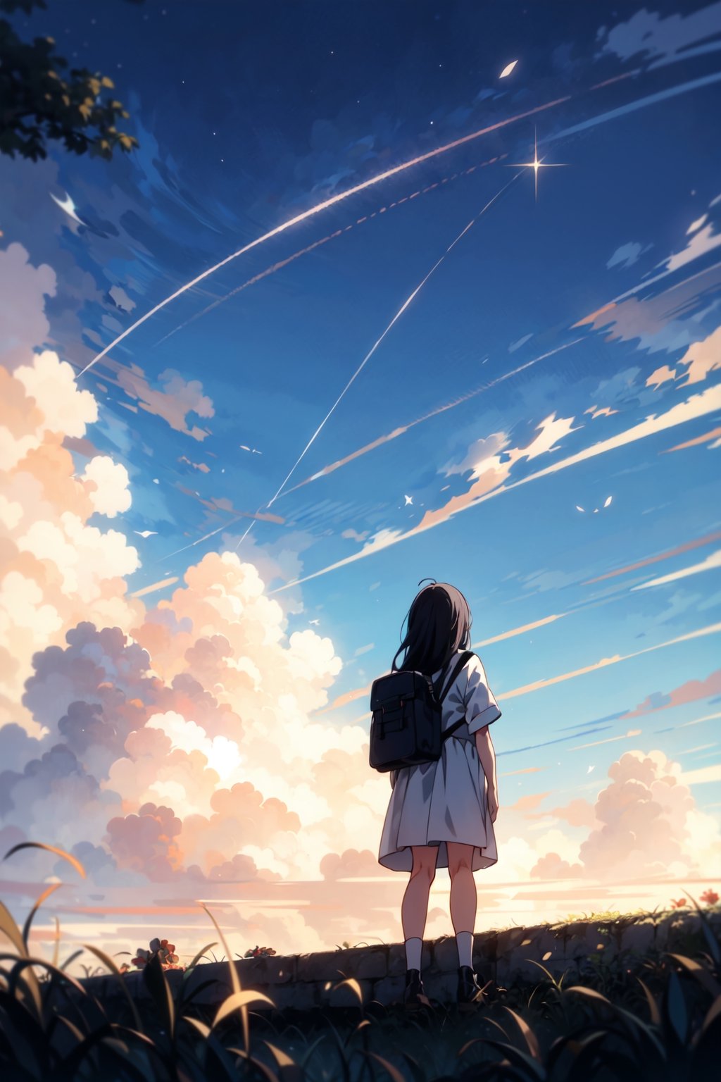 1girl, long hair, black hair, standing, hetero, outdoors, sky, many cloud, bag, from behind, backpack, star \(sky\), scenery, blue sky