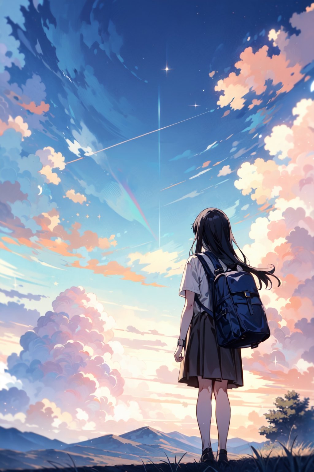 1girl, long hair, black hair, standing, hetero, outdoors, sky, many cloud, bag, from behind, backpack, star \(sky\), scenery, blue sky