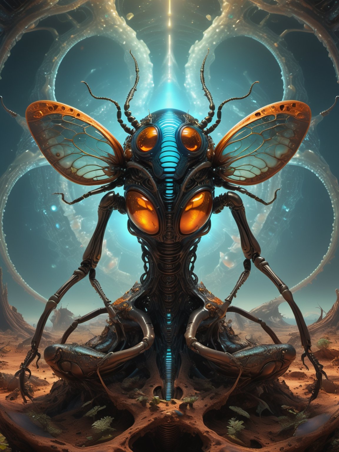 Create a stunning image of meditating alien insects in a setting entirely unfamiliar to Earth. These insects should have unusual features and exceptional textures on their bodies, including fractal patterns, bioluminescence, and iridescent surfaces. Place them in a surreal landscape or among alien structures with mysterious lighting. The image should convey a sense of calm and contemplation in an unknown realm, evoking awe and wonder,8k,render blender,Gric,HellAI,v0ng44g,DonMCyb3rN3cr0XL ,Techno-witch,DonShr00mXL 