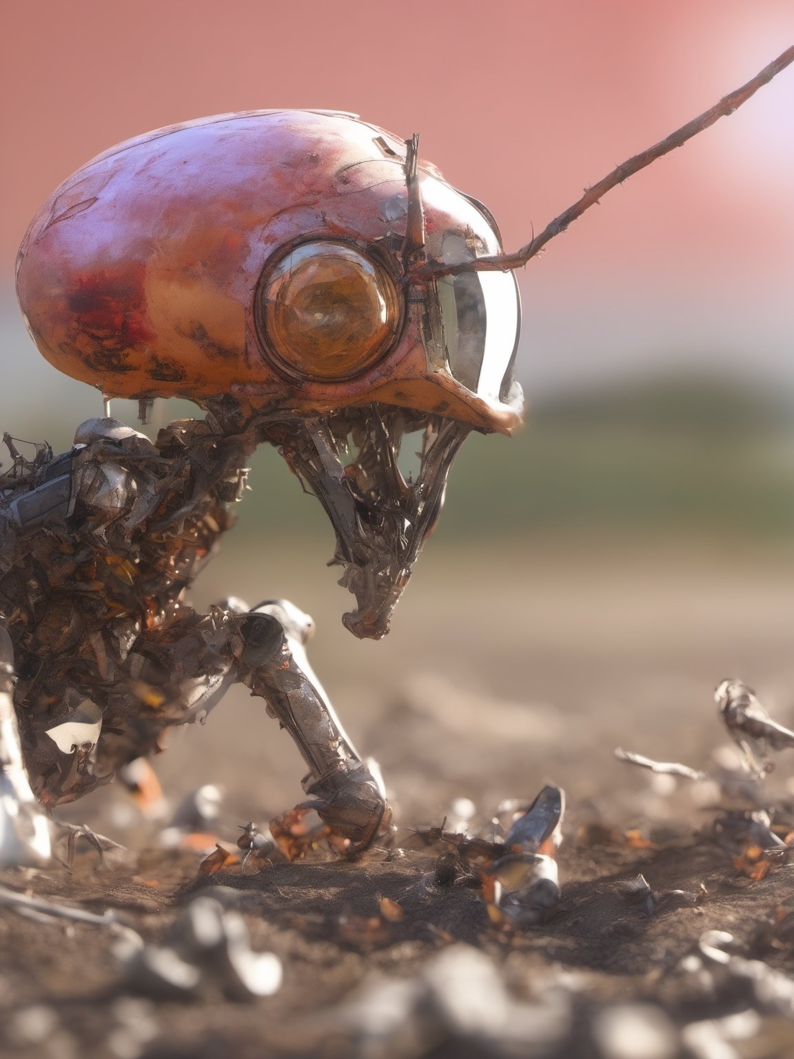 a stunning image of extraterrestrial mental bugs. These insects should be completely unlike any form of terrestrial life. They should possess unique features, such as bioluminescent exoskeletons, with bright geometric patterns, and sensory appendages in unusual shapes. The colors and textures on their skin or exoskeleton should be entirely different from those of terrestrial insects.

Ensure that these alien insects appear adapted to an unknown and exotic environment. They may inhabit an alien landscape or be part of an extraterrestrial community. Make the image striking and captivating, emphasizing the strangeness and uniqueness of these insects compared to anything we might find on Earth. The lighting and colors should enhance their alien nature and the sense of wonder they evoke,8k,render,HellAI,Clear Glass Skin,Gric,tprc