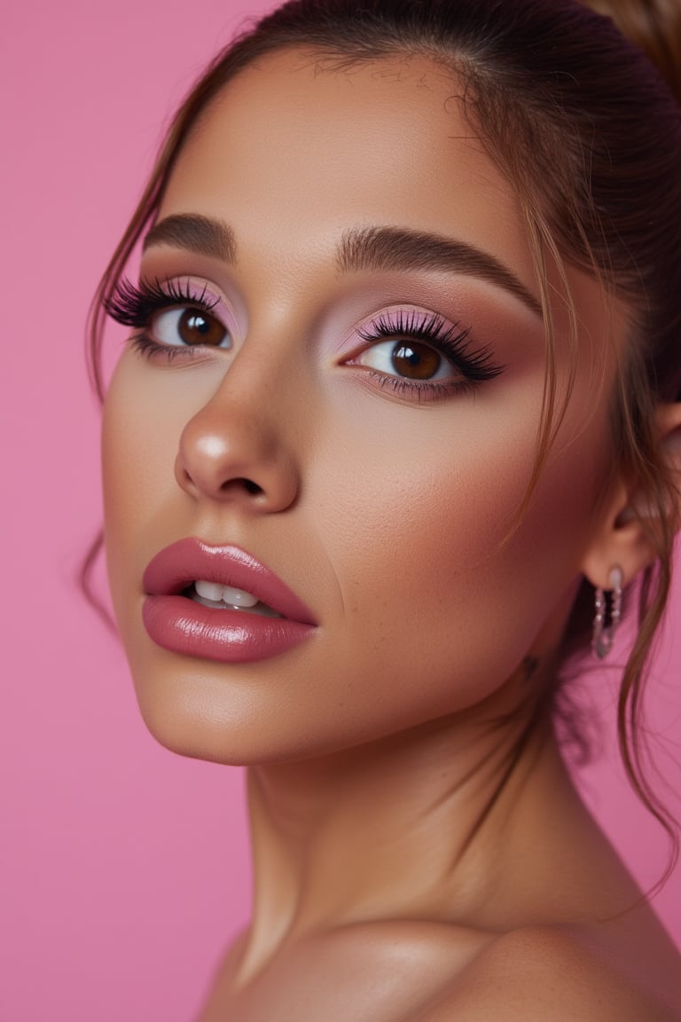 wide field of view, centered, dynamic pose, Ariana Grande(arianagrande) modern fashionable girl with expressive eyes , highly detailed, 4 k, hdr, sharp focus, high resolution, excellent composition, cinematic atmosphere, precise correct anatomy, aesthetichigh detail of the face image, pink full makeups