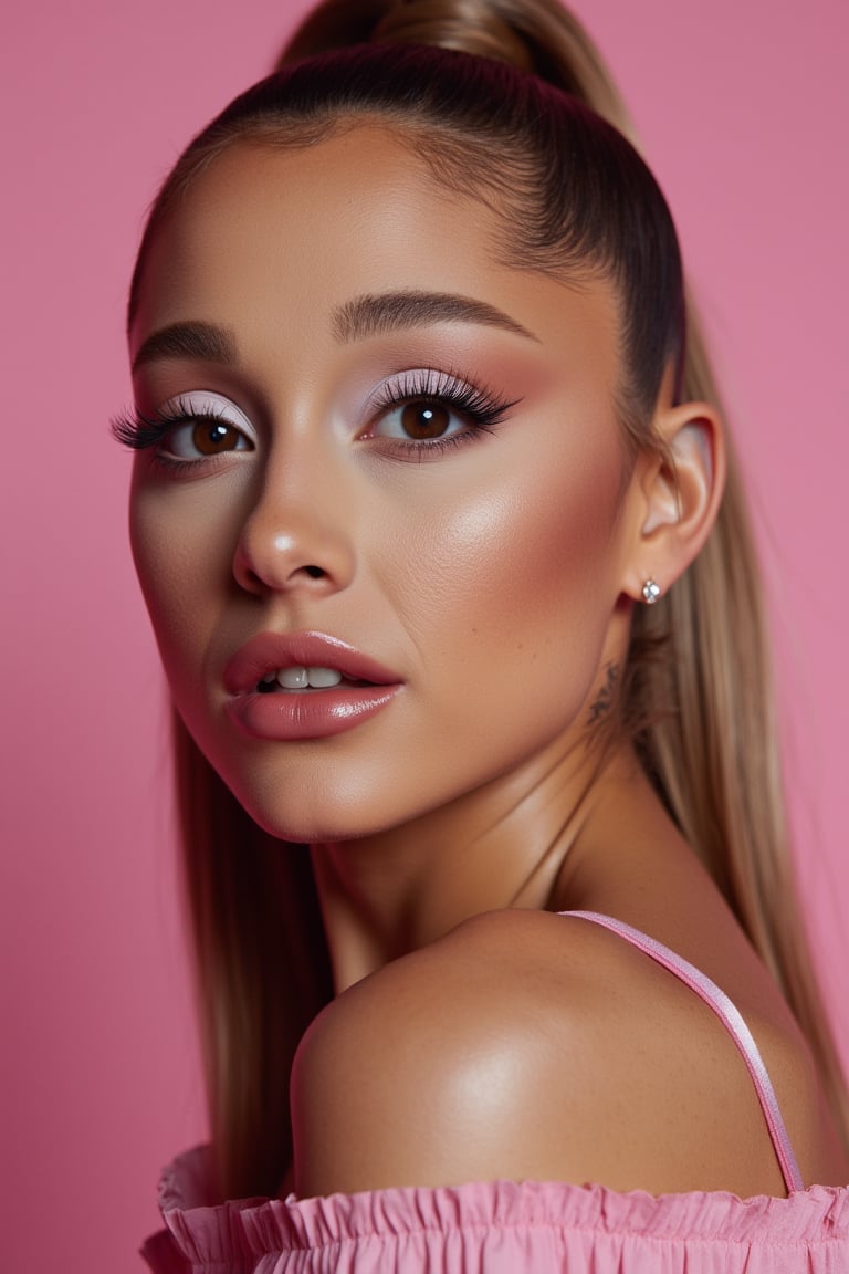 wide field of view, centered, dynamic pose, Ariana Grande(arianagrande) modern fashionable girl with expressive eyes , highly detailed, 4 k, hdr, sharp focus, high resolution, excellent composition, cinematic atmosphere, precise correct anatomy, aesthetichigh detail of the face image, pink full makeups