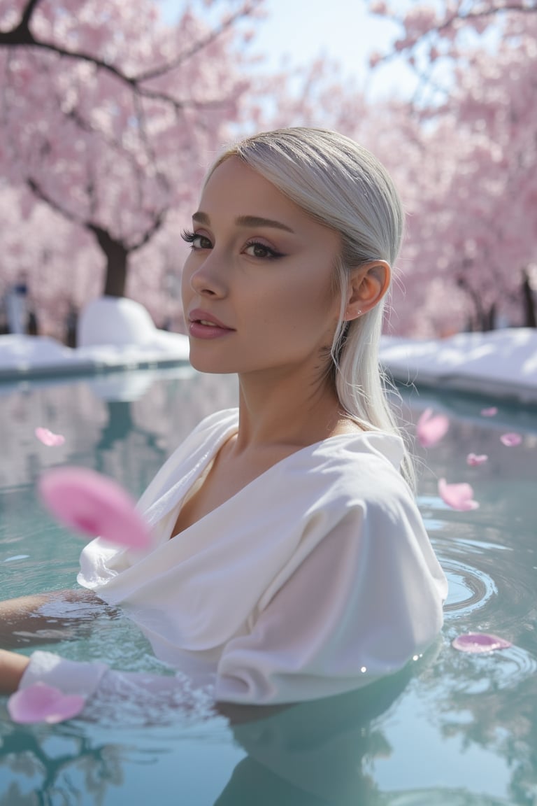 Ariana Grande emerges from a mystifying pond, shrouded in cherry blossom petals. Soft glow envelops her as she stands poised, platinum hair shining like polished steel. Ethereal radiance emanates from her majestic gaze, surrounded by silky white draping that seems to ripple like the water's surface. The framing is extreme closeup, showcasing every detail of her enigmatic expression. The dynamic pose and angles create a sense of vertiginous wonder, as if we're peering into a dreamlike 90s screensaver. Soft light blurs the ambiance, lending an air of mystique to this enchanting scene.