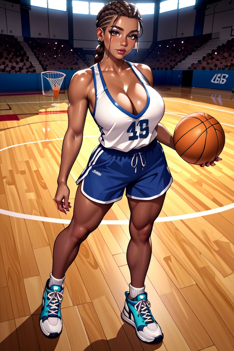 (score_9, score_8_up, score_8, score_7_up, score_7), masterprice, (rating_questionable), (source_anime), intricate_details_xl, 1girl, solo, large breast, cleavage, open eyes, braided cornrows, tall stature, dark skin, brown eyes, sleeveless jersey, baggy shorts, high-top sneakers, dribbling ball, indoor court, intense focus, basketball court