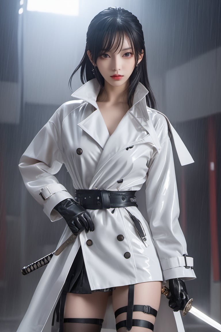 white marble background with reflections, woman holding a sword with her right hand, the sword passes behind the woman, left hand extended with the palm open, she is wearing a latex raincoat, half white, half black, cinched with a black and white belt, latex stockings up to mid-thigh, skirt opening, trench coat with short sleeves and wearing apretados latex gloves all over her arm. straight hairstyle  hair with bangs, , , , , ,xuer ai yazawa style girl,techwear jacket,black gloves,tactical ve,Samurai girl, , , ( lighting, dim lighting:1.2), simple background, LIGHT background, ,jisoo, , , 
