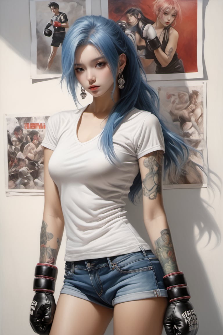 full body,hyper realistic, photo realistic, (close up),  , dark spring, dark kawaii, in a polo biker shorts, ((wearing large boxing gloves)), ,  triple exposure, perfect fingers, perfect body, japanese ink, immaculate composition, dynamic pose, brian viveros, katsuya terada, esao andrews, anne stokes, dynamic pose, dynamic light and shadow, hyperrealism,ct-jeniiii