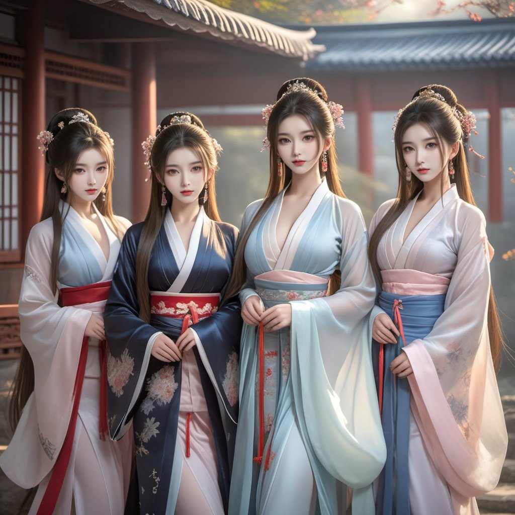 full body ,four girls long hair((big cleavage)),different hanfu,black stockings ,masterpiece,tall,finely detailed, depth of field, HDR+,Asia,