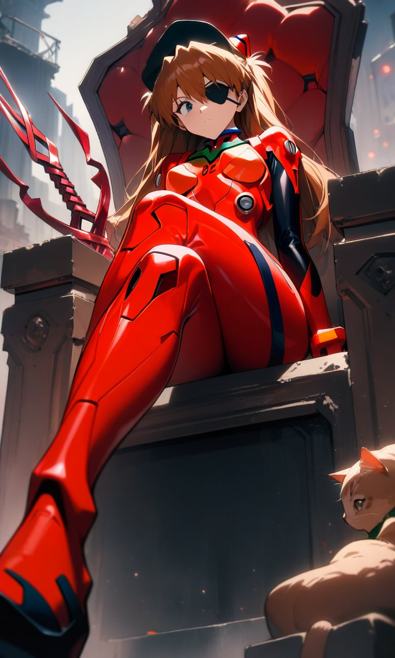 1girl, souryuu asuka langley, neon genesis evangelion, rebuild of evangelion, lance of longinus, cat hat, plugsuit, pilot suit, red bodysuit, sitting, crossed legs, black eye patch, throne, looking down, from bottom, looking at viewer, outdoors, masterpiece, best quality, very aesthetic, absurdres