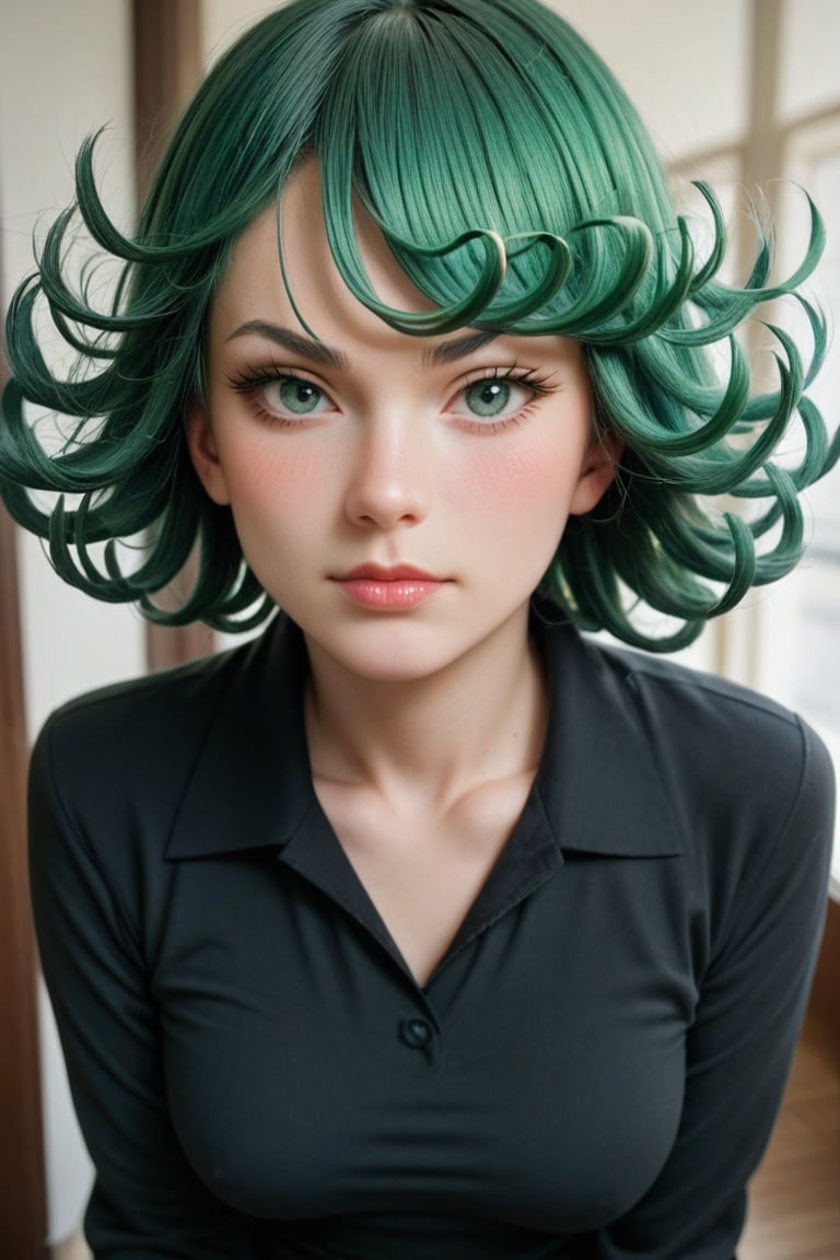 realistic, photo \(medium\), score_9, score_8_up, score_7_up, score_6_up, BREAK
tatsumaki (one-punch man),
one-punch man,
1girl, bangs, black dress, blush, collared dress, curly hair, dress, flipped hair, green eyes, green hair, indoors, leaning forward, long sleeves, looking at viewer, short hair, solo, v-shaped eyebrows, close-up, medium breasts,