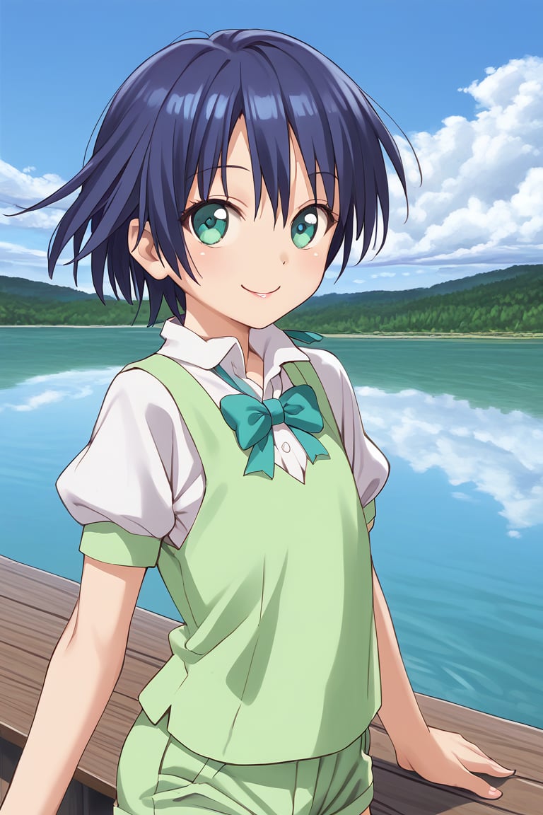 score_9, score_7, BREAK
solo, 1boy, lloyd, aqua eyes, blue hair, short hair,
green vest, white shirt, puffy short sleeves, green short shorts,
looking at viewer, smile, =), upper body,
outdoors, lake, sun, clouds, sky,