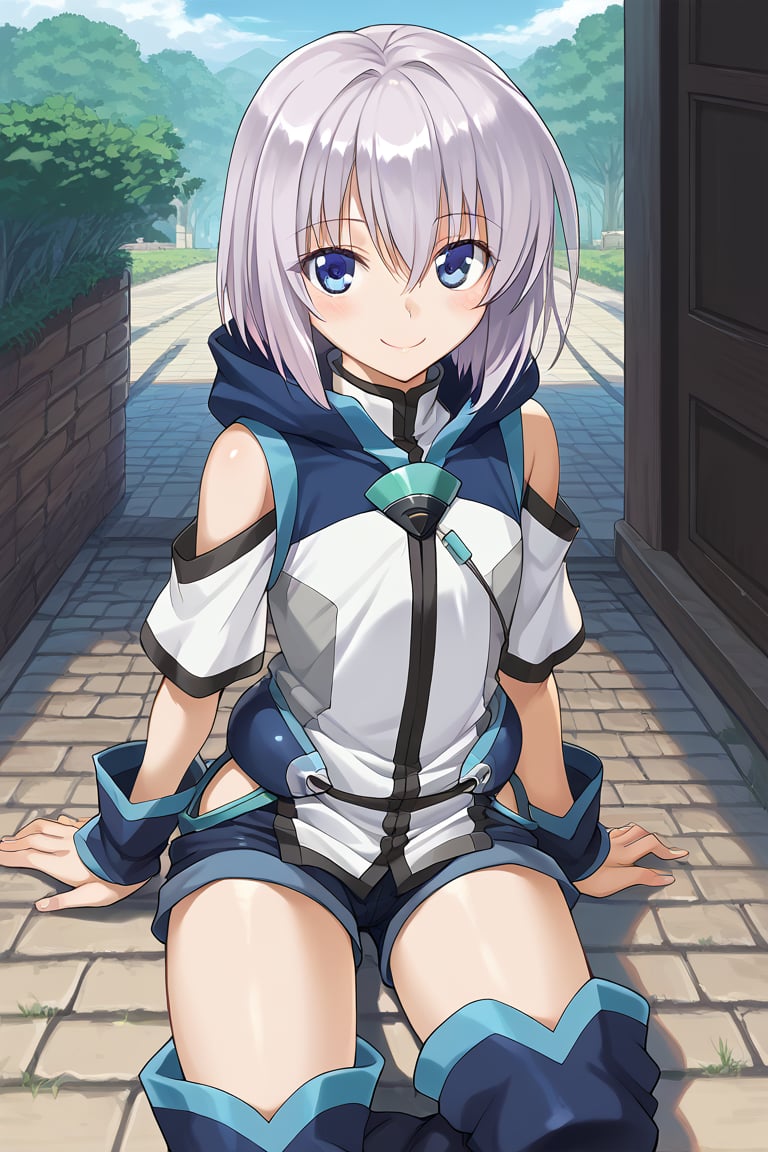 score_9, score_8_up, score_7_up, score_6_up, BREAK
solo, 1boy, otoko no ko, ernestiechevalier, blue eyes, blush, eyebrows visible through hair, hair between eyes, looking at viewer, smile, solo, shorts, thigh boots, 
looking at viewer, light smile, 
outdoors, 